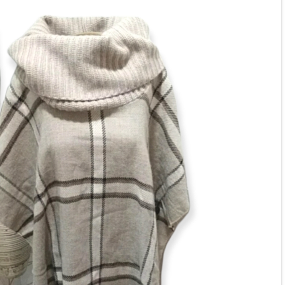 Fraas Cream Plaid Poncho with Cowl Neck